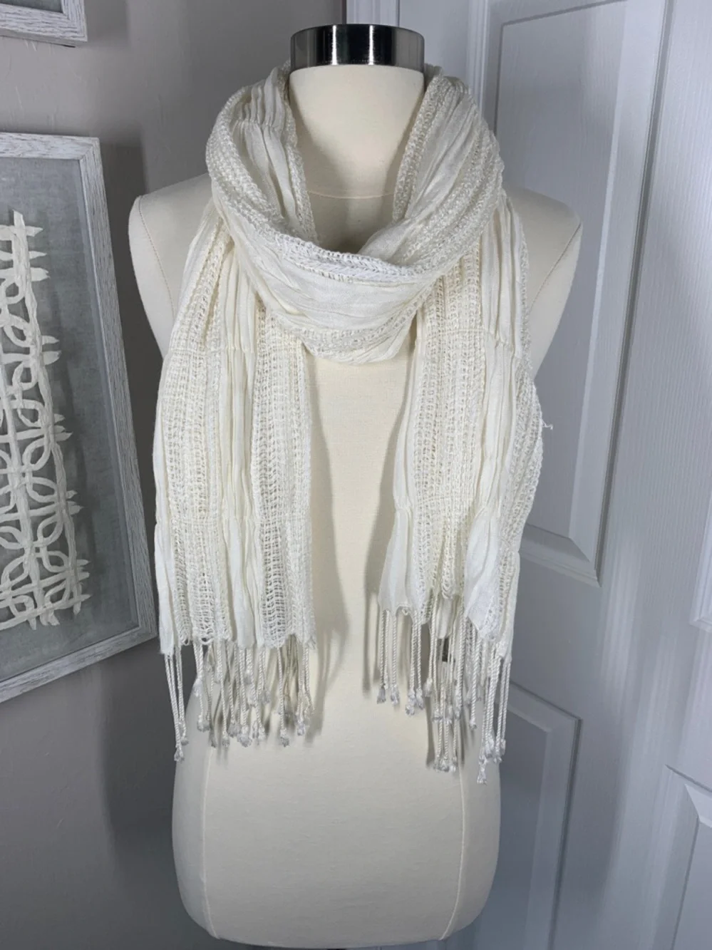 Costa Blanca white woven boho scarf with fringe